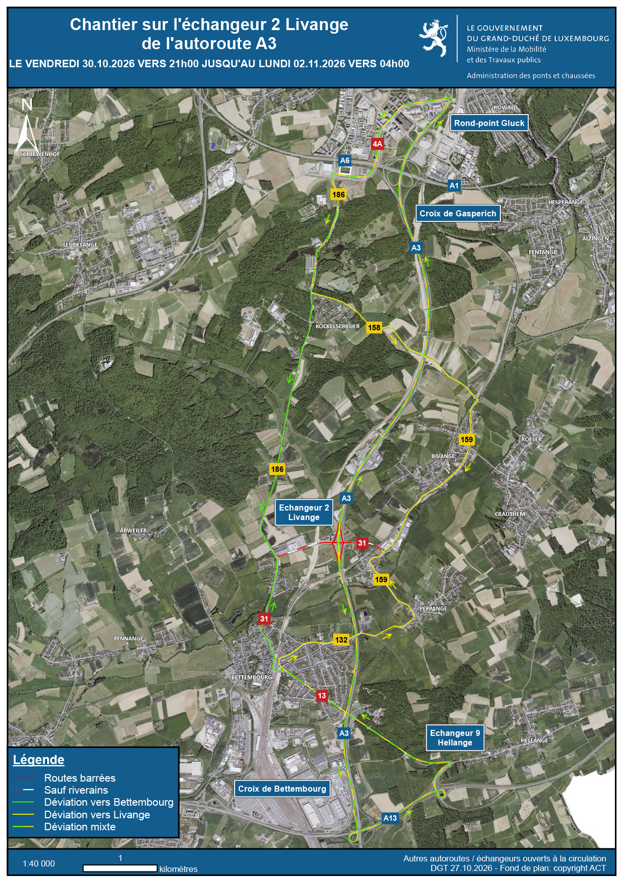 Diddelenger Autobunn: Chantier um Echangeur Léiweng vum 30. Oktober bis den 2. November