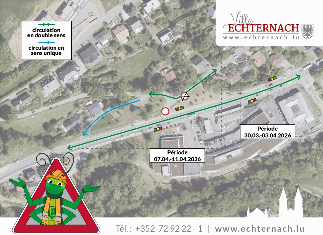 Vum 30. Mäerz bis den 11. Abrëll: N11 tëscht Iechternach an der Stad kritt mobil rout Luuchten