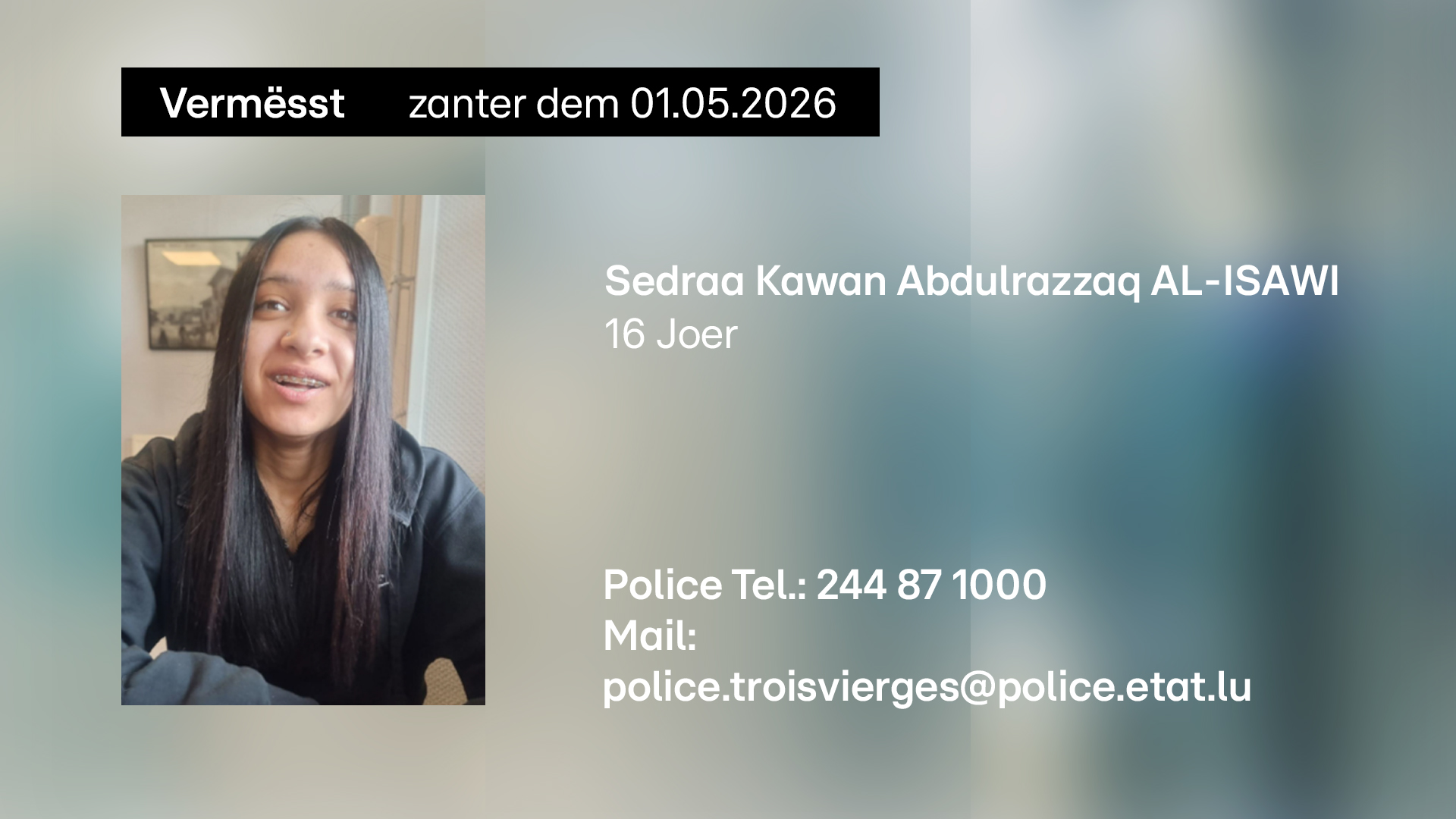 Vermësst zanter dem 1. Mee: Wie weess, wou d'Sedraa Kawan Abdulrazzaq Al-Isawi ass?