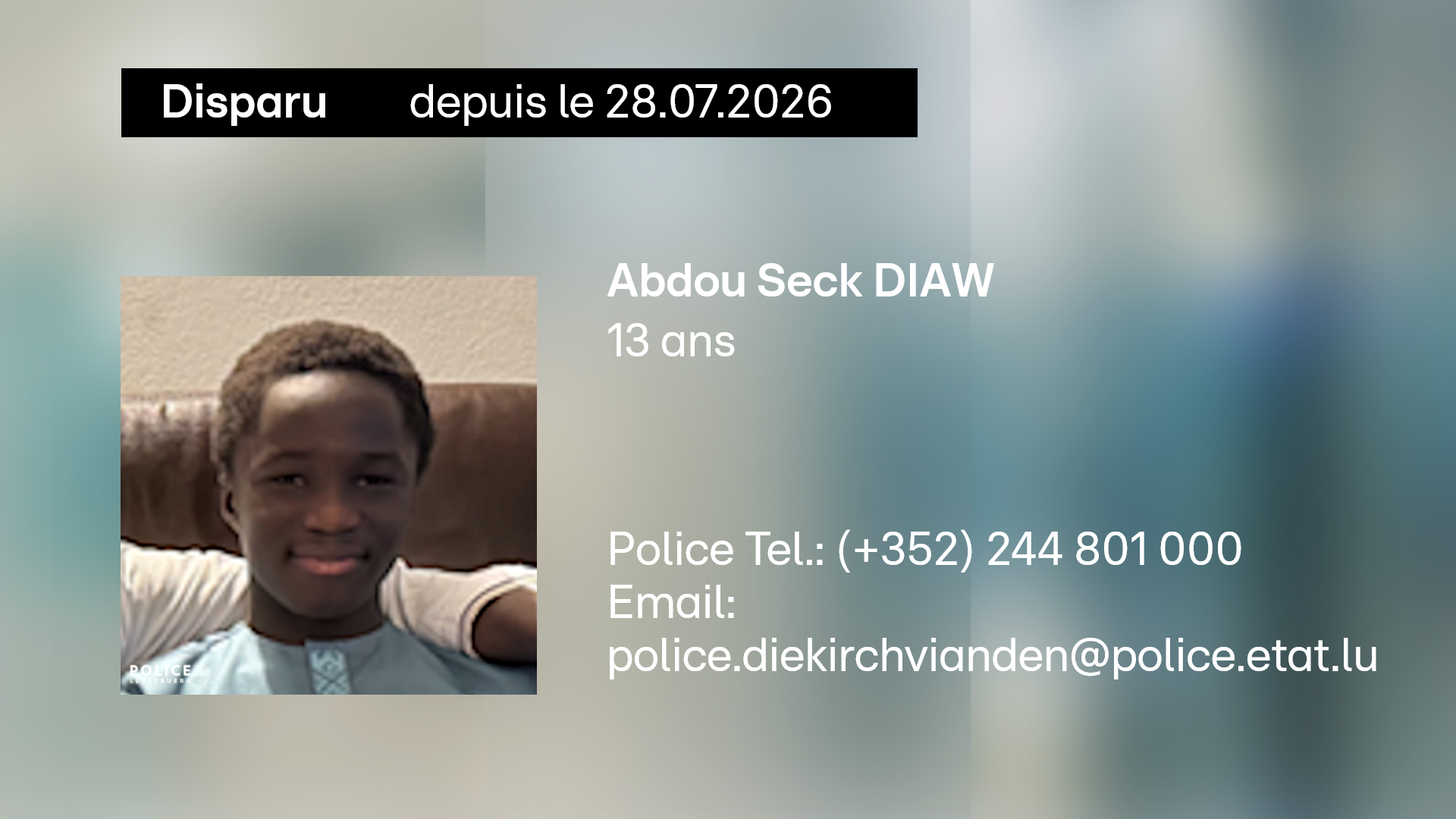 Appel à témoins: Avez-vous vu cet ado de 13 ans ? Il a disparu depuis mardi au Luxembourg