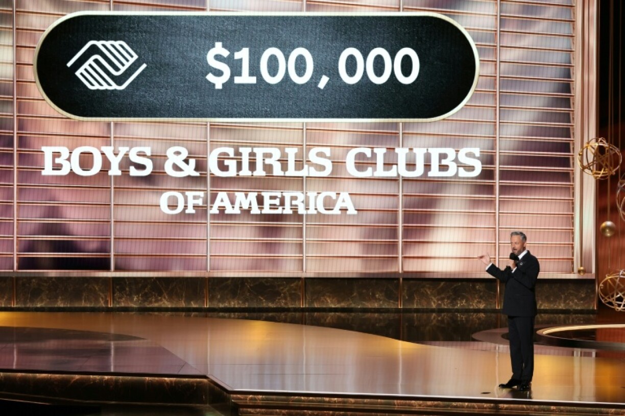 Host US comedian Nate Bargatze devised a novel way to get Emmy winners to keep their speeches short -- a sliding money counter for a donation to a prominent charitable organization