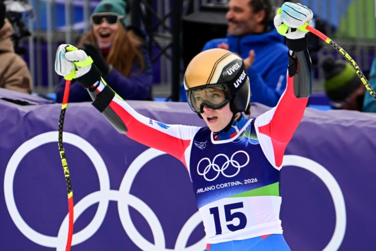 Romane Miradoli à l'issue de son super-G des Jeux olympiques de Milan Cortina, le 12 février 2026