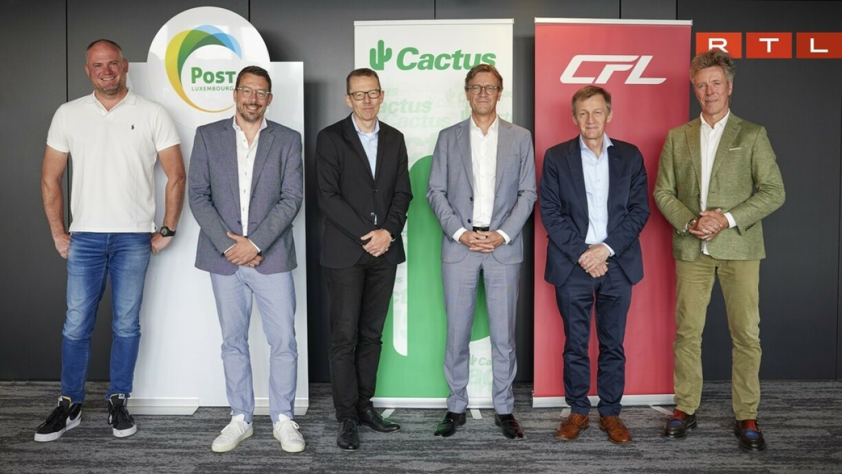 Tom Weber, Digital Director RTL Luxembourg; Christophe Goossens, CEO RTL Luxembourg; Pierre Zimmer, Directeur général adjoint POST Luxembourg; Marc Wengler, Directeur général CFL; Max Leesch, Président and administrateur-délégué Cactus group; Laurent Schonckert, Administrateur-directeur Cactus group.