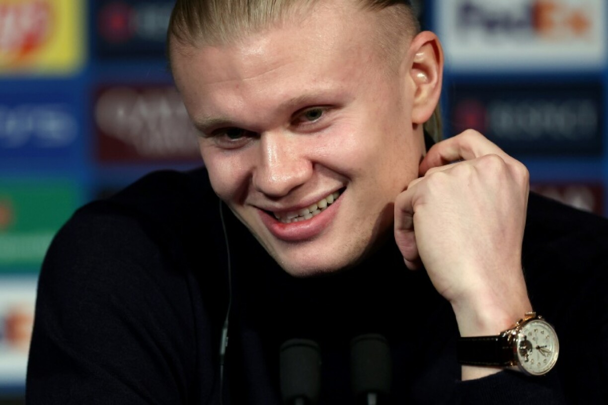 Manchester City striker Erling Haaland speaks to media in Paris on Tuesday