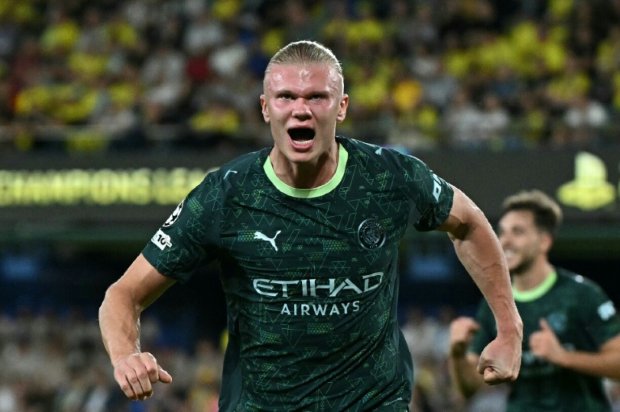 Manchester City's Norwegian forward Erling Haaland celebrates scoring his team's first goal against Villarreal on Tuesday