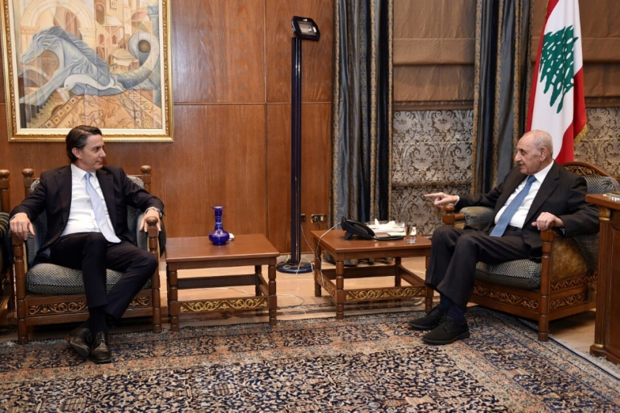 US envoy Amos Hochstein (left), who met with Lebanese parliament speaker Nabih Berri (right), called for 'political consensus'