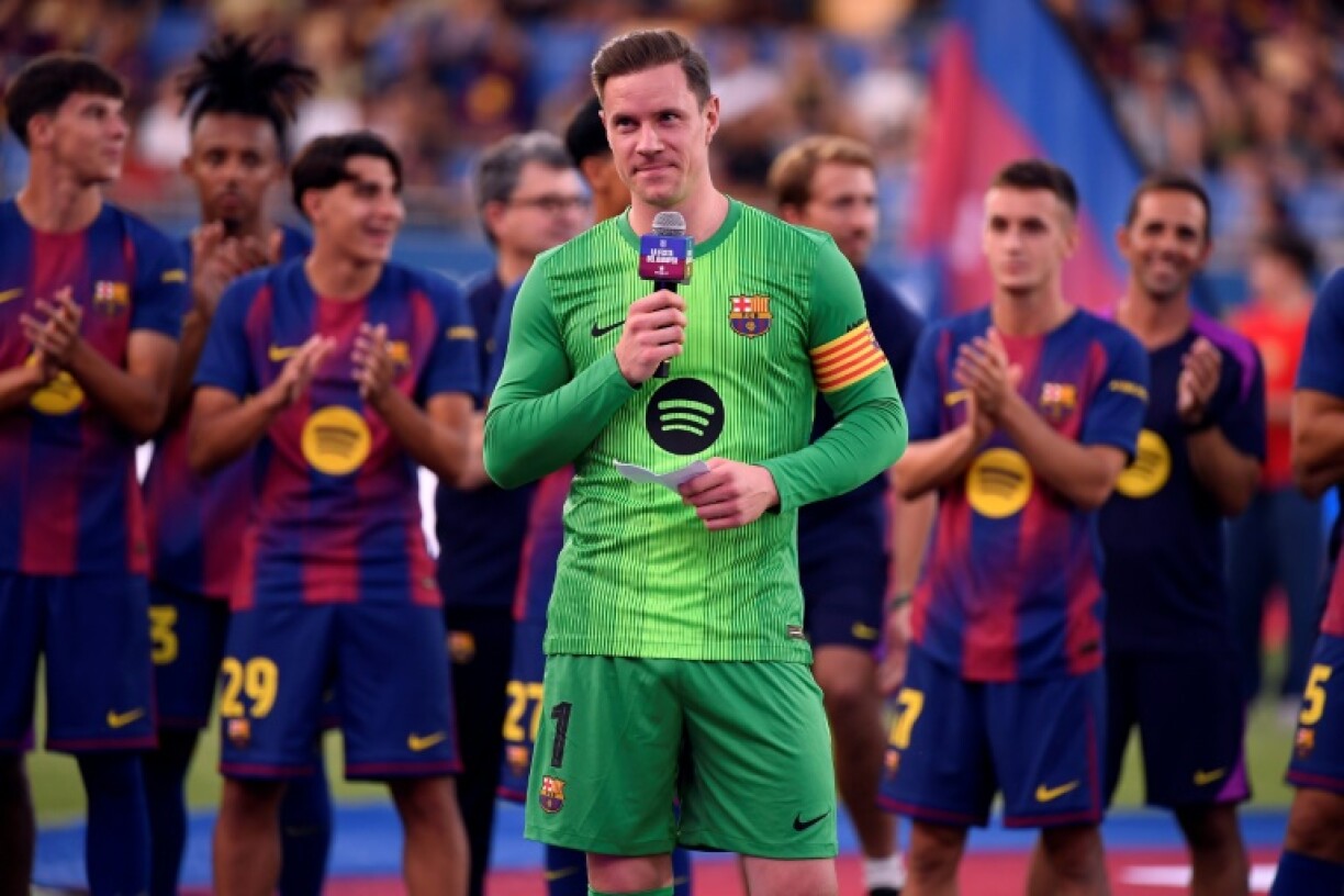 Barcelona's injured goalkeeper Marc-Andre ter Stegen delivers a speech ahead of his side's match against Como this week