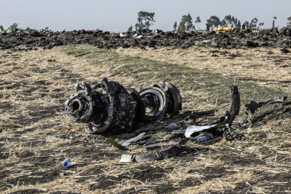 Debris of the crashed airplane of Ethiopia Airlines is seen in March 2019 near Bishoftu, Ethiopia