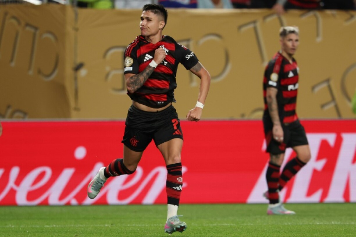 Luiz Araujo celebrates after scoring Flamengo's second goal in their 2-0 win over Esperance at the Club World Cup on Monday