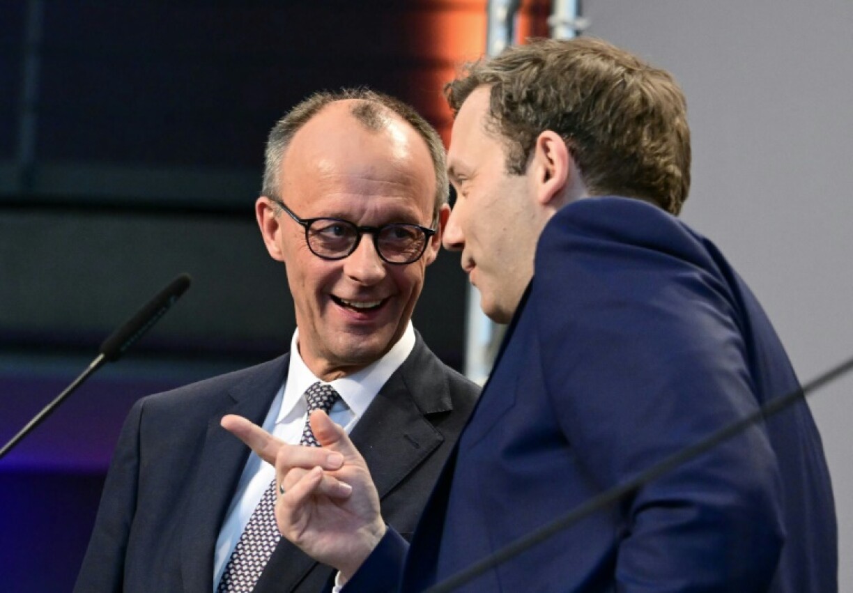 Future chancellor Friedrich Merz, on the left, with co-chairman of the Social Democratic Party (SPD) Lars Klingbeil, in Berlin on April 9, 2025