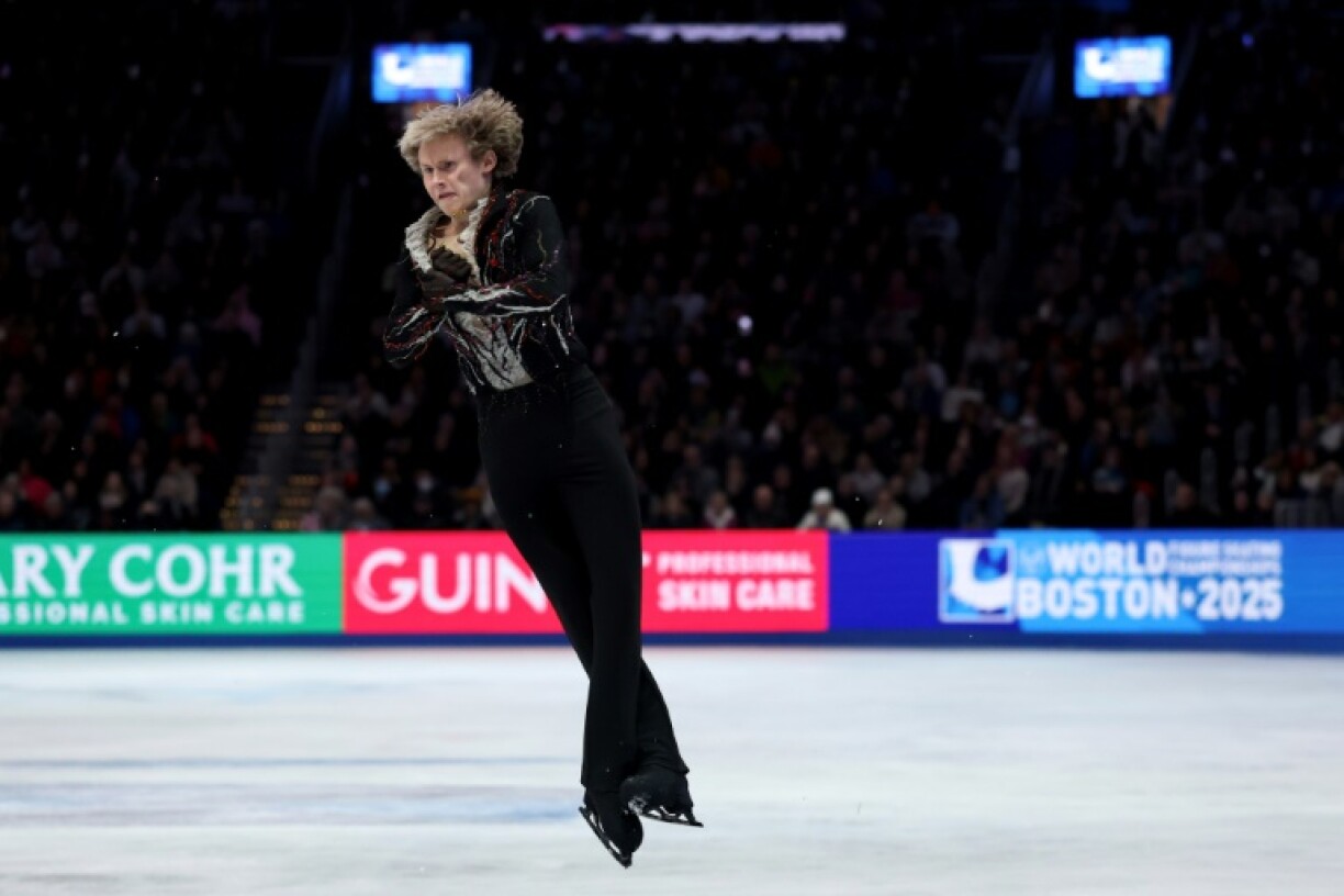 American Ilia Malinin competes in the free skate on the way to his second straight men's figure skating world title
