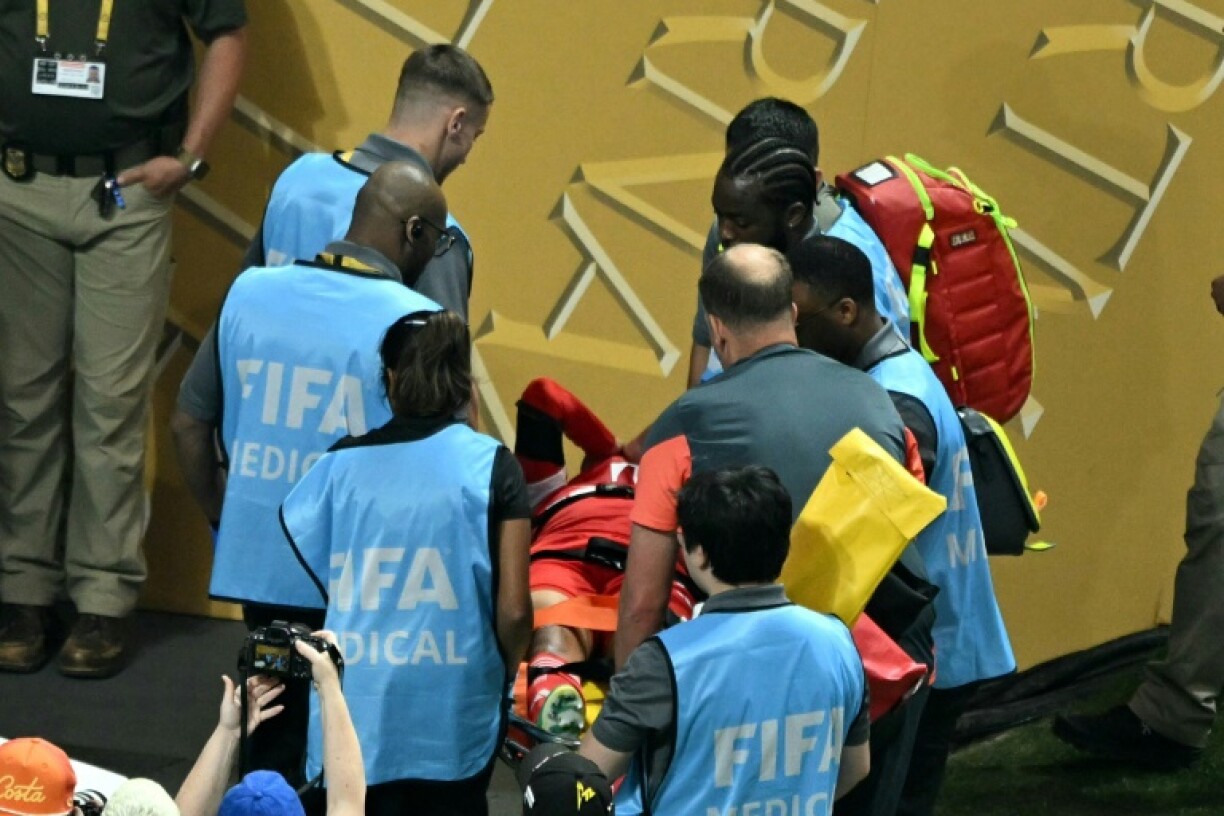Jamal Musiala is stretchered off during Bayern's Club World Cup quarter-final loss to PSG