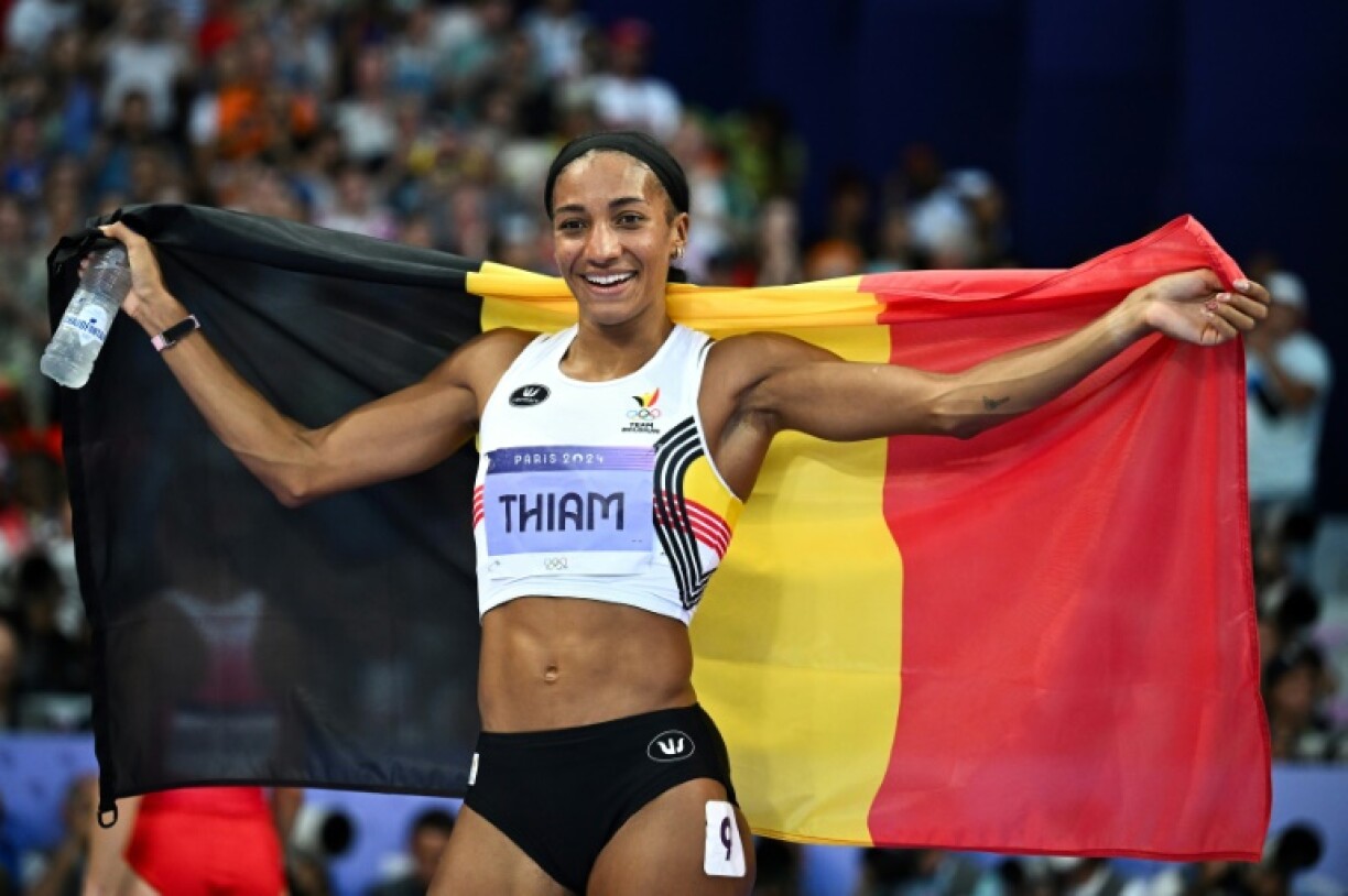 Belgium's Nafissatou Thiam celebrates after winning the Paris Olympics heptathlon