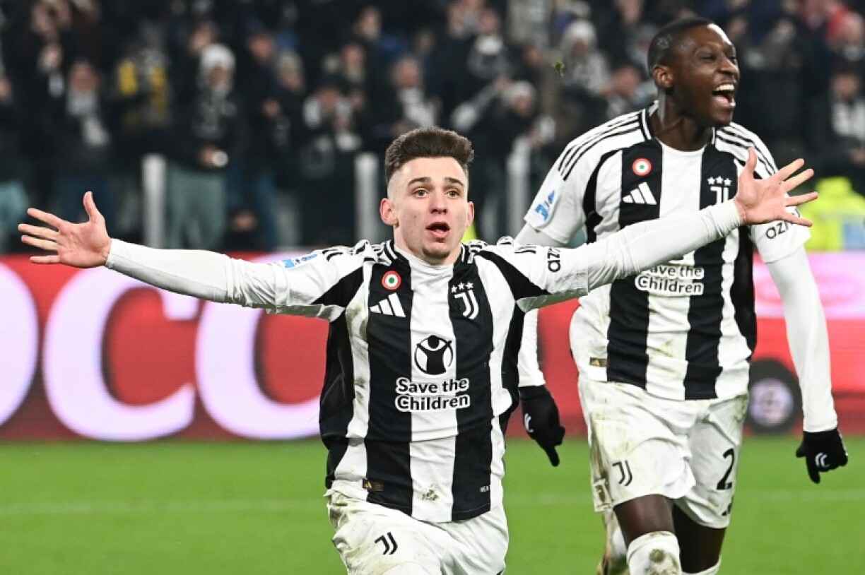 L'attaquant de la Juventus Turin Francisco Conceicao après son but face à l'Inter Milan lors de la 25ème journée du Championnat d'Italie le 16 février 2025 à Turin