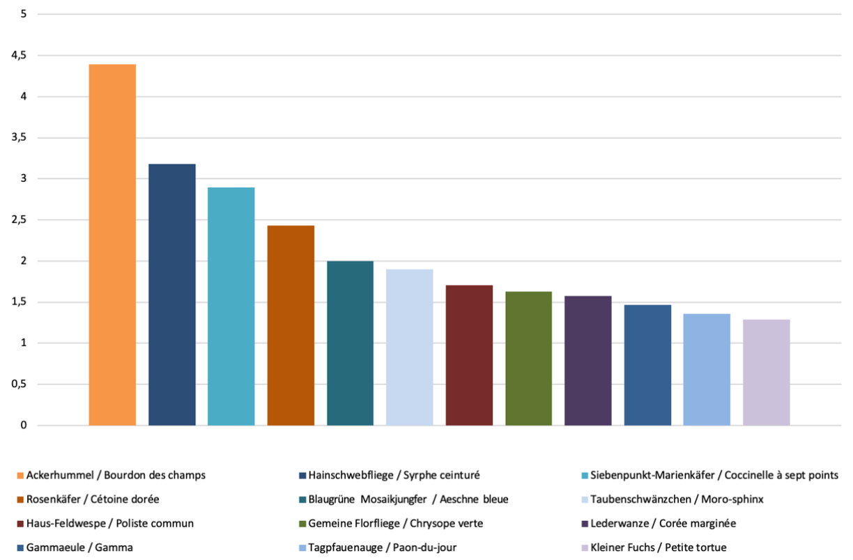 Déi heefegst Insekten (vu lénks no riets) an déi duerchschnëttlech Unzuel vun Individue pro Gaart.