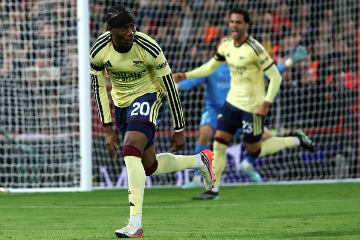 Arsenal's Noni Madueke celebrates his goal against Nottingham Forest