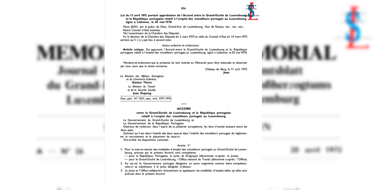 Document officiel attestant l'accord signé en 1972 entre le Luxembourg et le Portugal pour encadrer l'immigration de travailleurs
