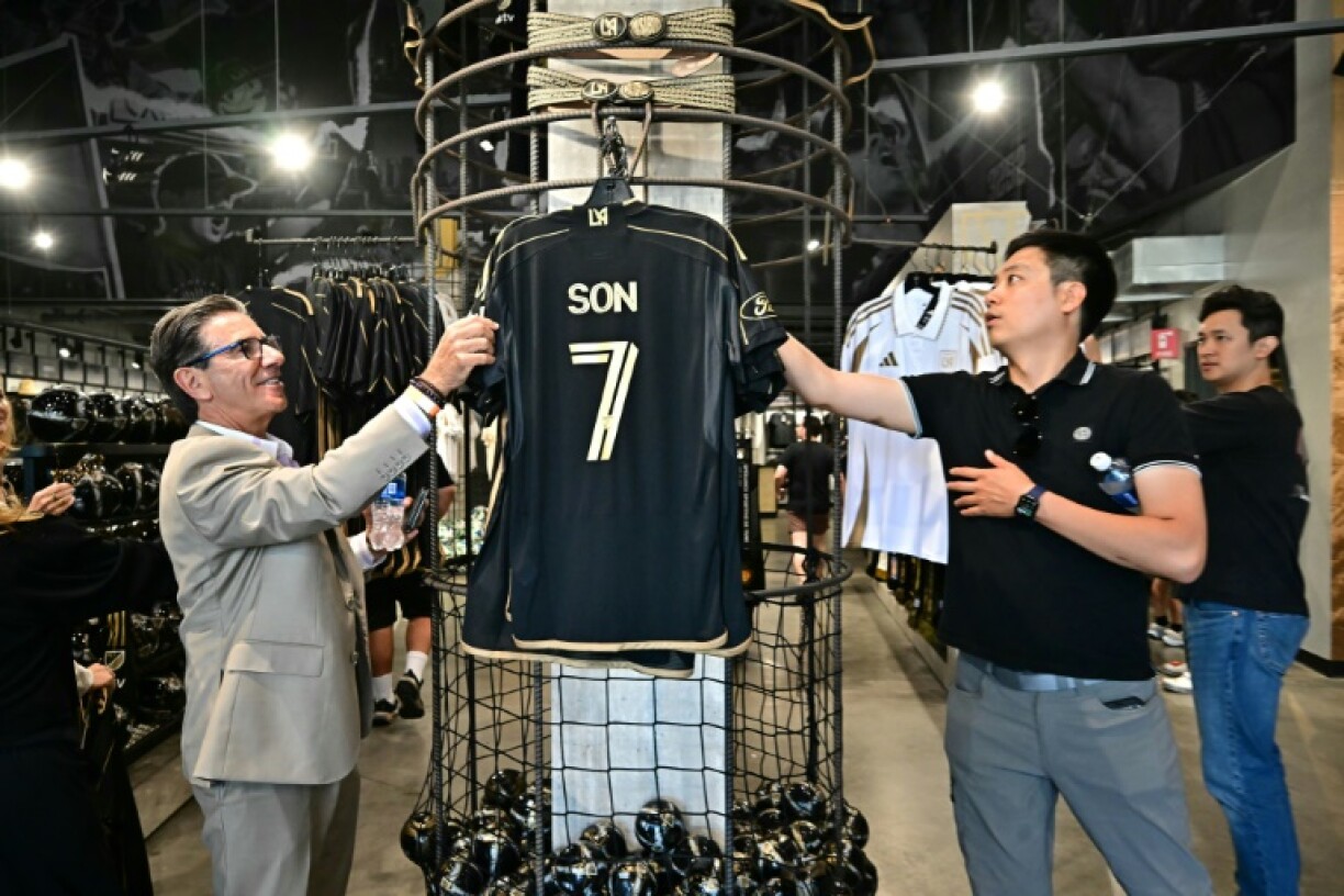 Customers buy South Korean football player Son Heung-min's nw LAFC jersey at the MLS club's official store at BMO Stadium