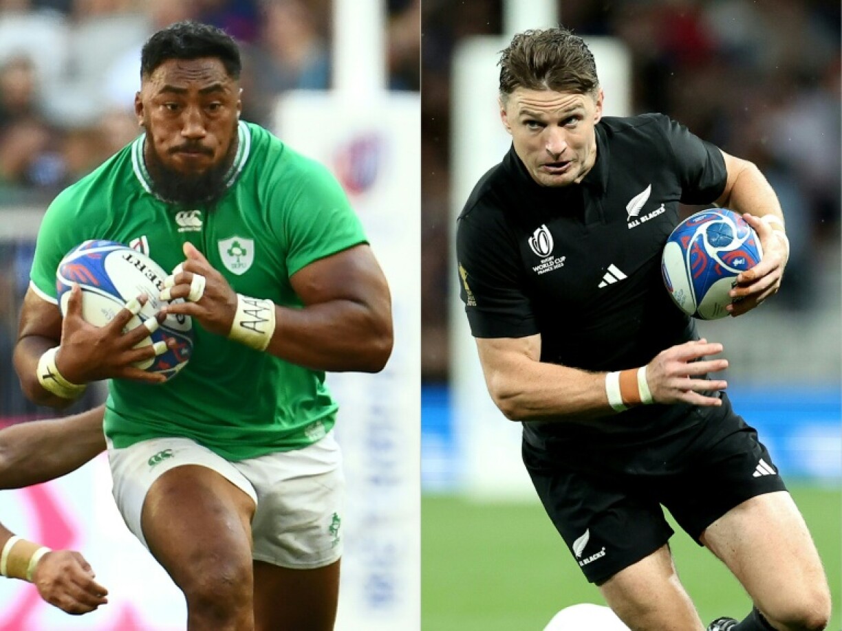Montage de photo du centre irlandais Bundee Aki (g) et de l'arrière Beauden Barrett avant le quart de finale du Mondial prévu le 14 octobre 2023 au Stade de France