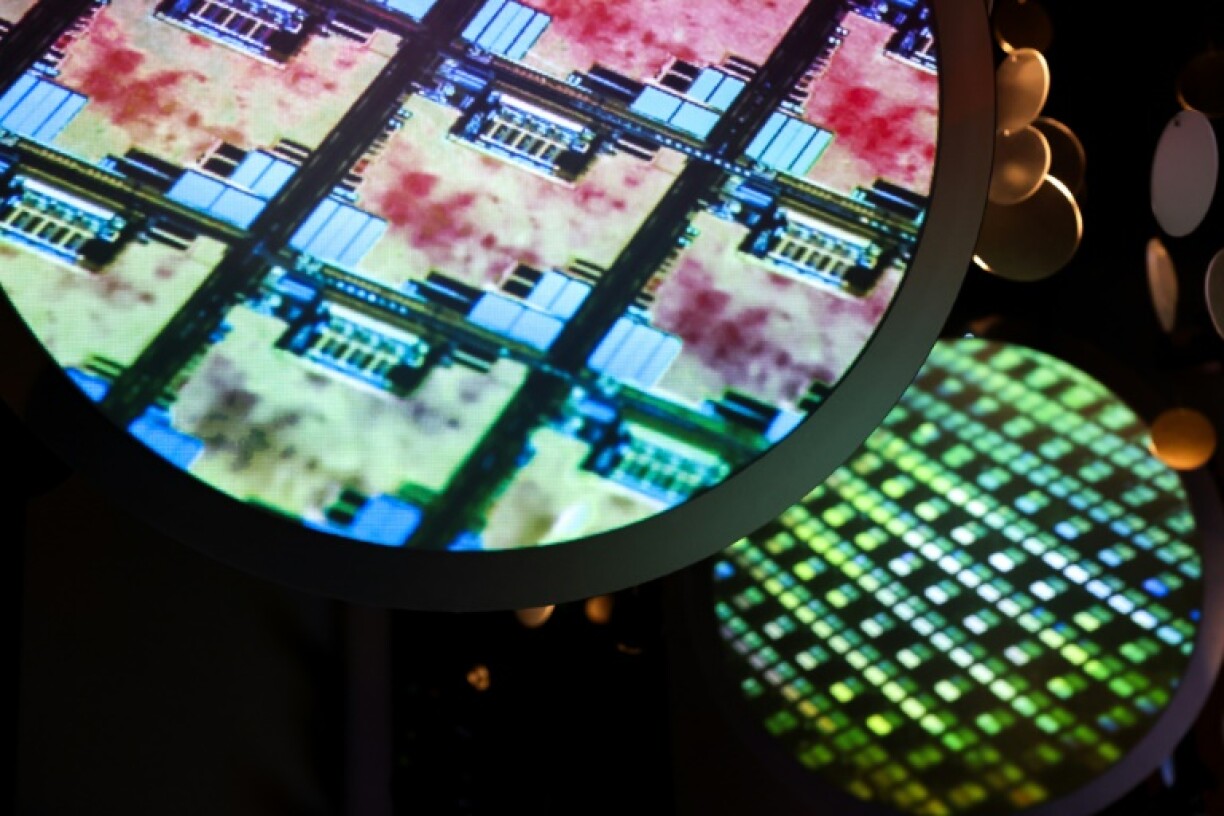 An image of an electronic wafer is displayed at the Taiwan Semiconductor Manufacturing Company (TSMC) Museum