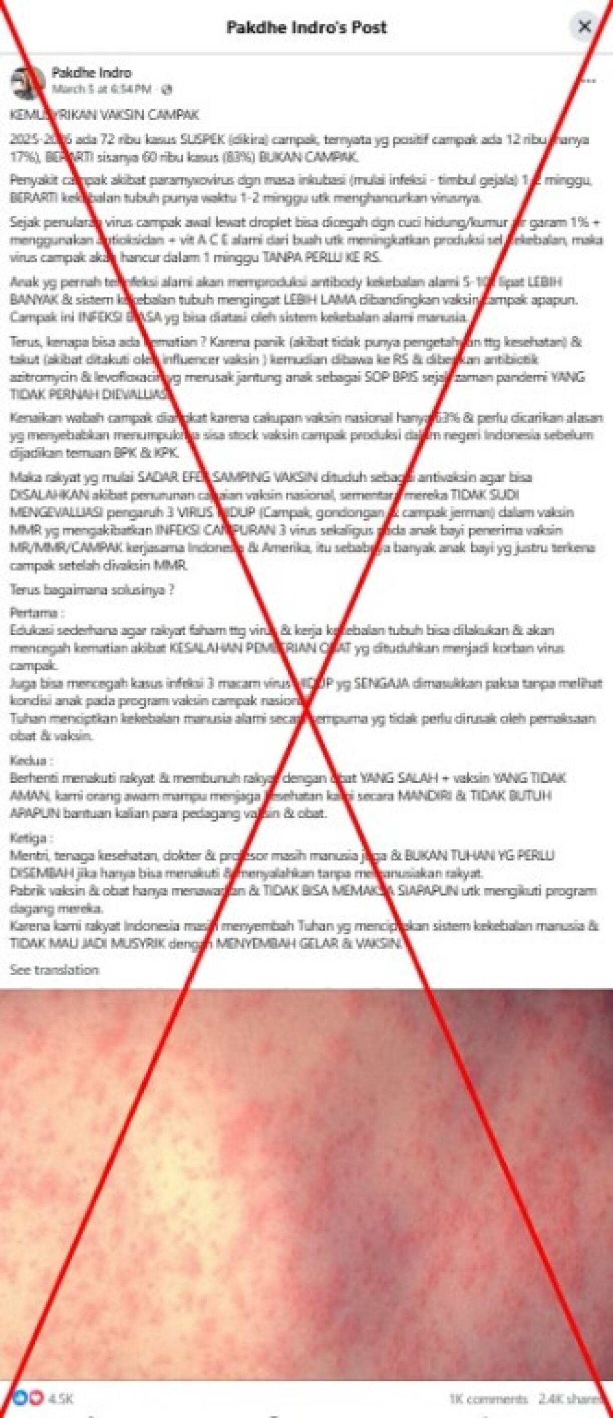 Screenshot of the false post, taken March 23, 2026, with a red X added by AFP