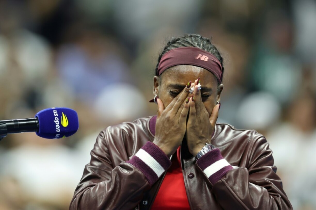 USA's Coco Gauff chokes back tears during her post-match interview after her US Open second round win