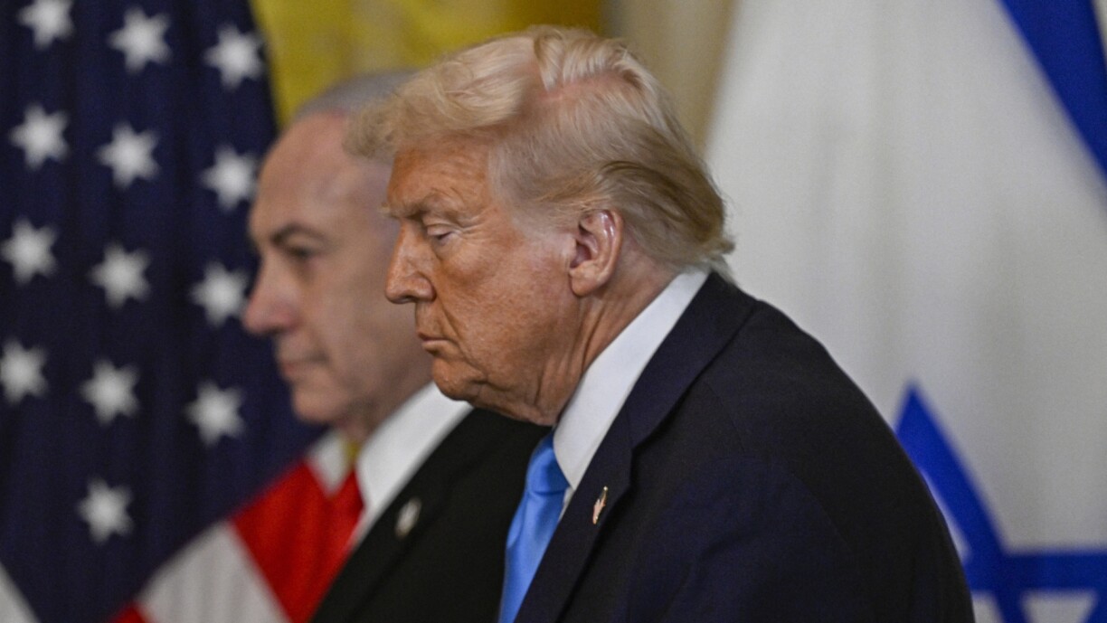 US President Donald Trump and Israeli PM Benjamin Netanyahu hold a joint press conference in the East Room at the White House in Washington DC on 4 February 2025.
