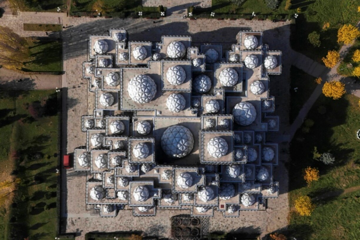 An aeriel view of the Kosovo national library with its many domes