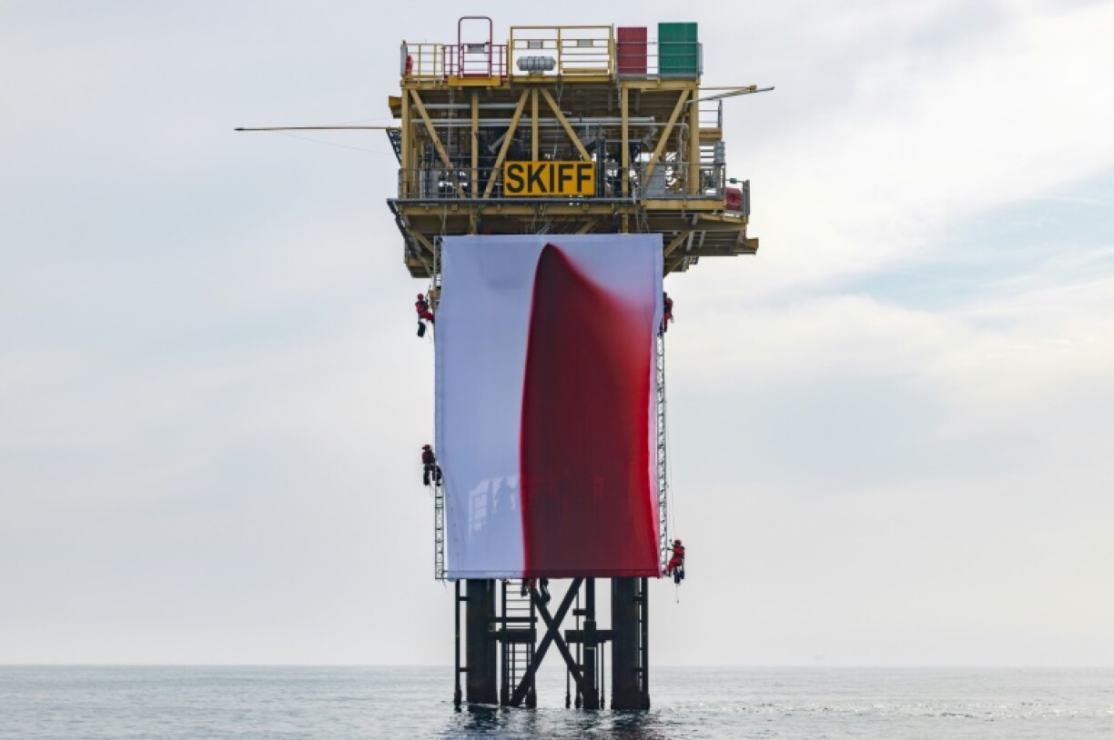 Activists installed a giant canvas by British artist Anish Kapoor, entitled 'BUTCHERED' onto a Shell gas platform in the North Sea