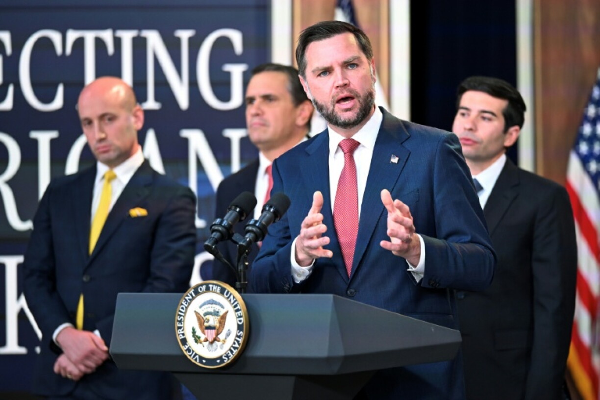 US Vice President JD Vance speaks alongside (L-R) White House Deputy Chief of Staff and Homeland Security Advisor Stephen Miller, US Attorney General Todd Blanche and US Labor Secretary Keith Sonderling