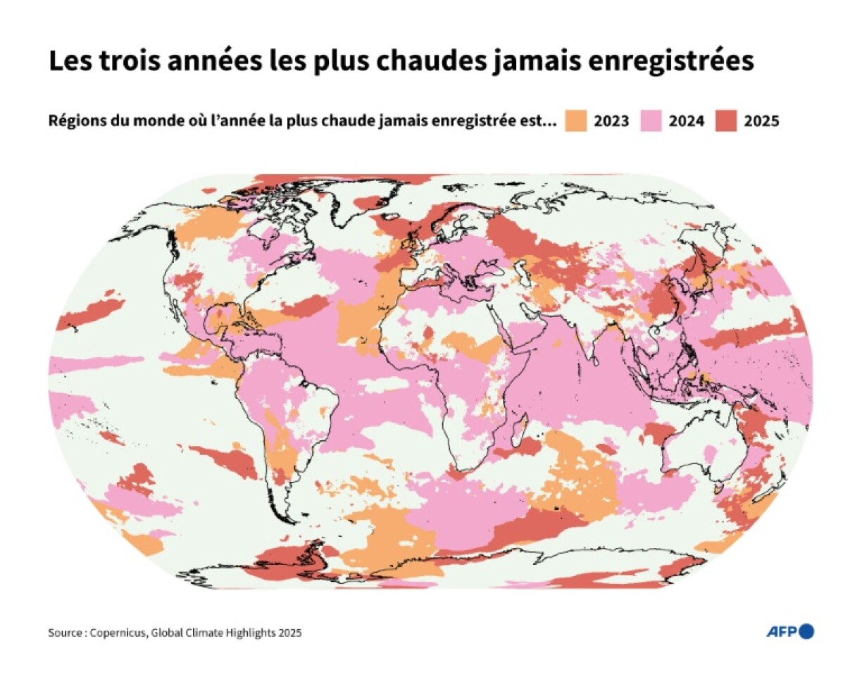 Carte du monde montrant les régions où l'année la plus chaude jamais enregistrée a été 2023, 2024 ou 2025, d'après les données du Global Climate Highlights 2025 de Copernicus
