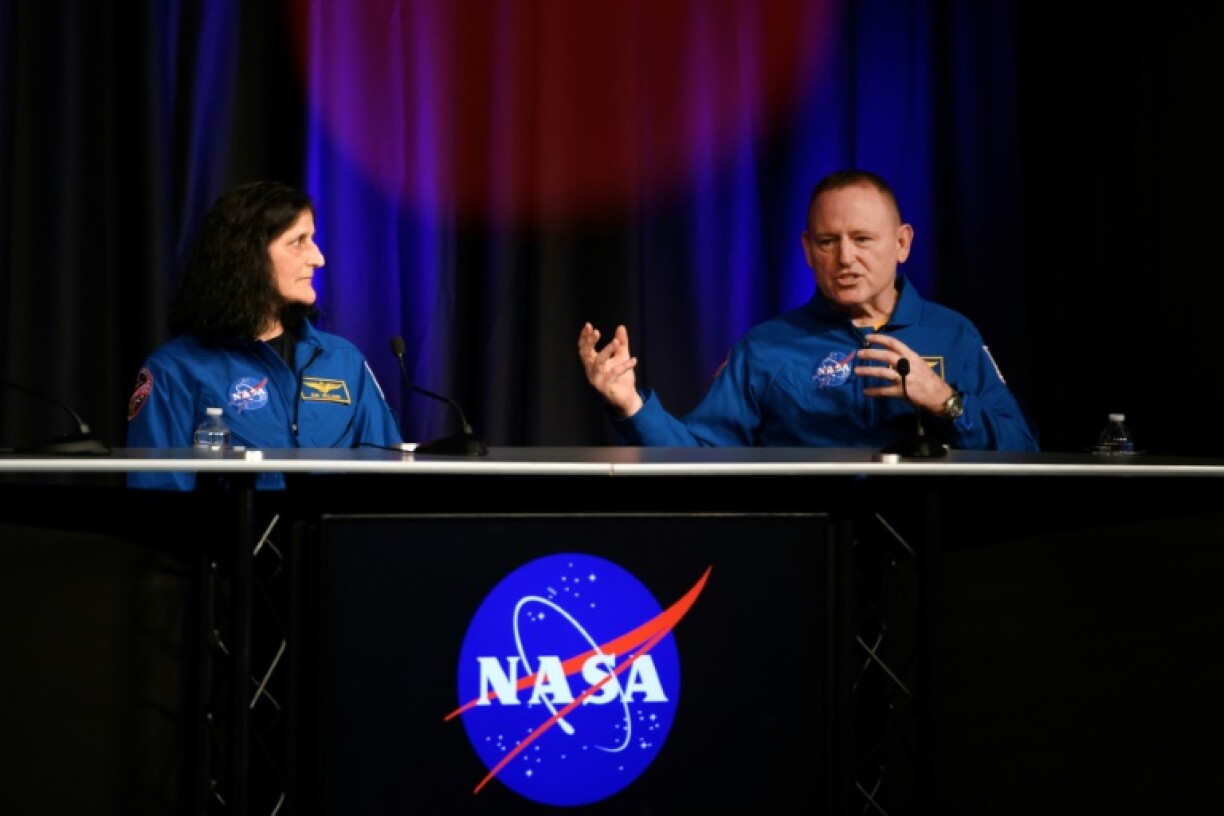 American astronauts Suni Williams and Butch Wilmore address a press conference at Johnson Space Center in Houston, Texas