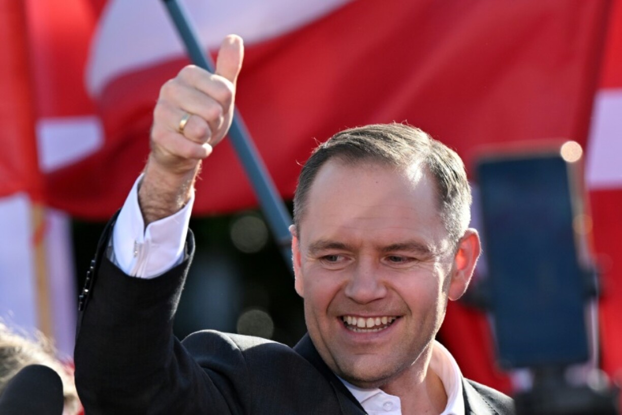 Le candidat conservateur à la présidentielle polonaise Karol Nawrocki pendant un meeting de cmpagne à Biala Podlaska, le 30 ma 2025