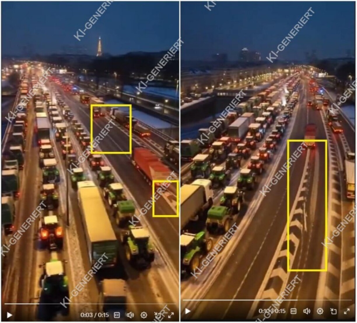 Screenshots des Videos, gelbe Hervorhebungen der visuellen Unstimmigkeiten und Wasserzeichen von AFP hinzugefügt: 14. Januar 2026