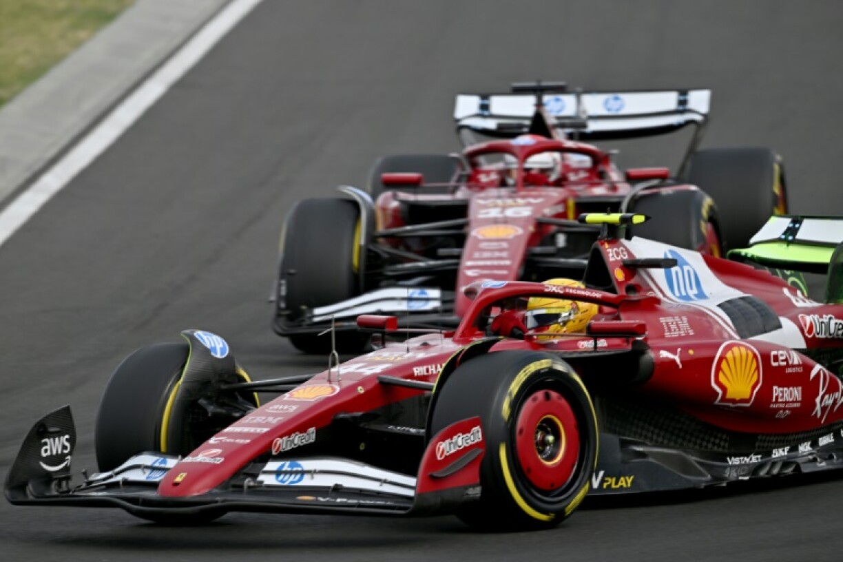 Ferrari's Lewis Hamilton (foreground) and teammate Charles Leclerc during practice at the Hungaroring