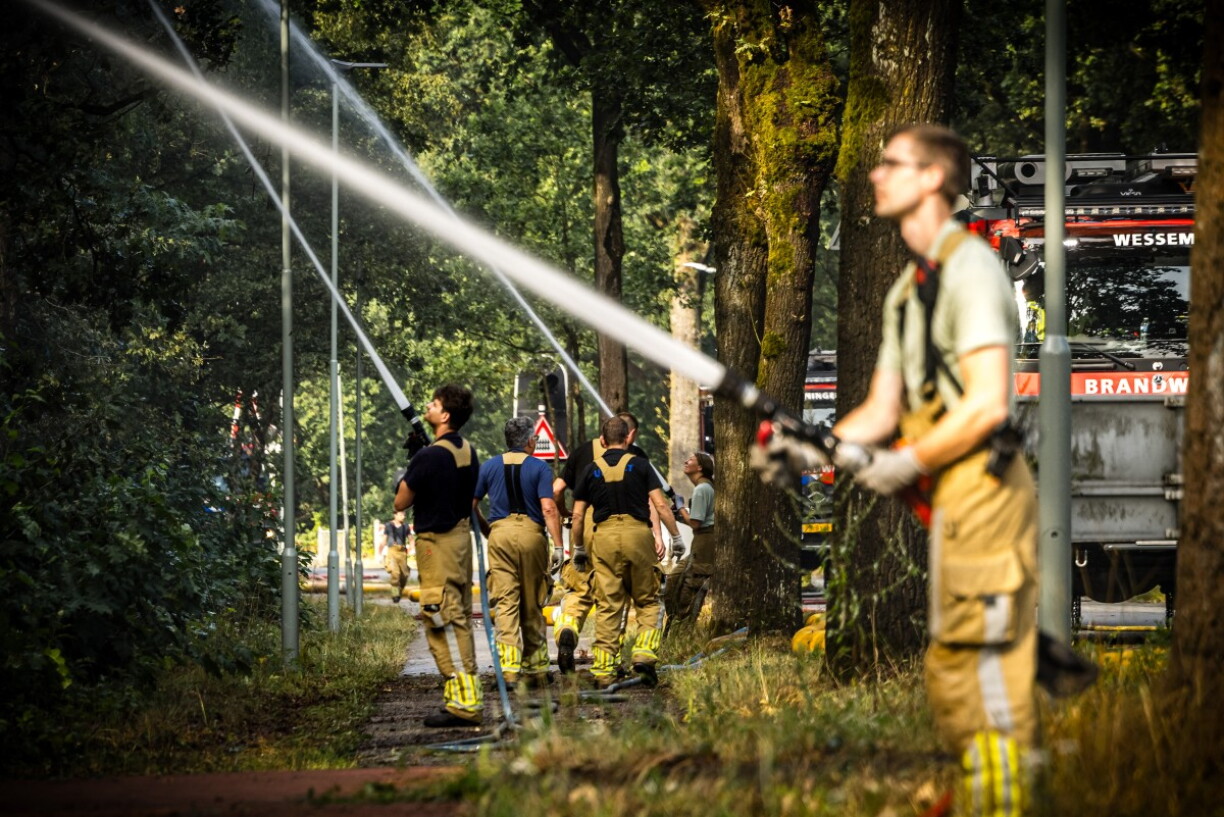 Des pompiers utilisent des lances à incendie pour éteindre un feu de forêt qui ravage la réserve naturelle de Boschhuizerbergen, près d'Oostrum, dans la commune néerlandaise de Venray (sud-est des Pays-Bas), le 4 août 2026.