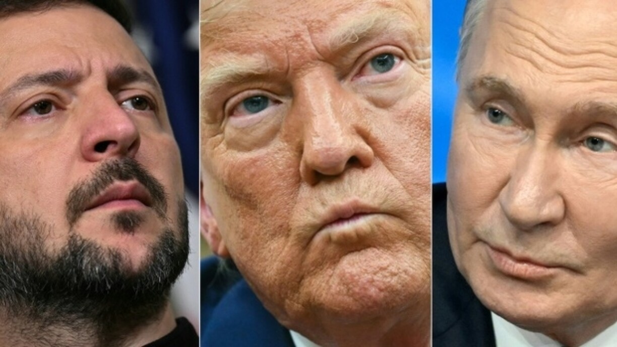 Portraits, de gauche à droite, des présidents ukrainien Volodymyr Zelensky, américain Donald Trump et russe Vladimir Poutine
