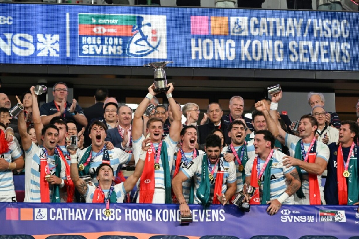 Argentina celebrate winning the Hong Kong Sevens on Sunday