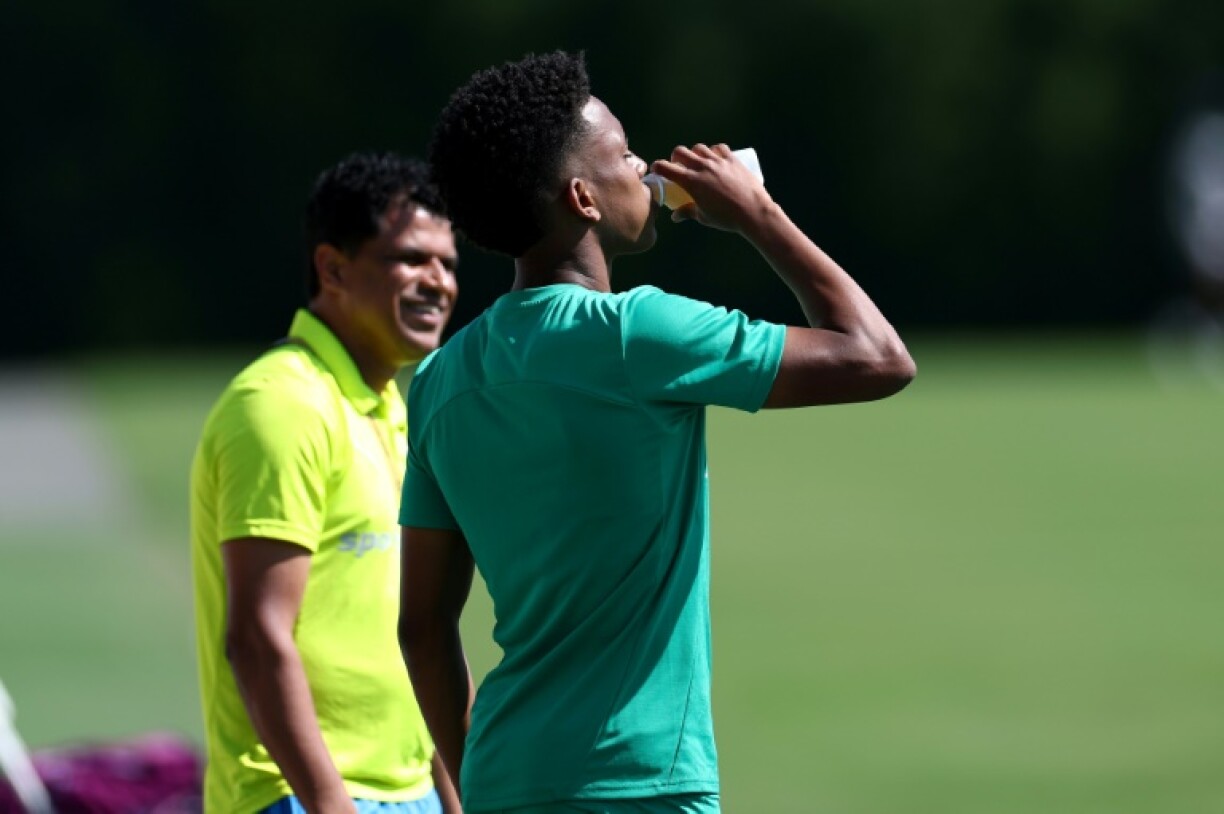 Estevao Willian takes a drink during training at the Palmeiras team base in Philadelphia on Thursday