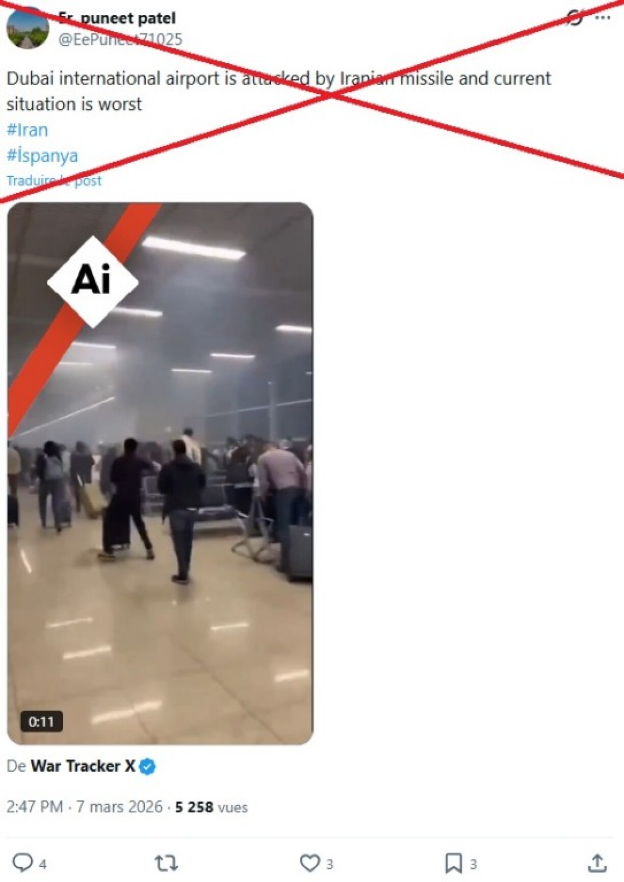 Screenshot of the false post captured on March 8, 2026, with a red X and AI watermark added by AFP