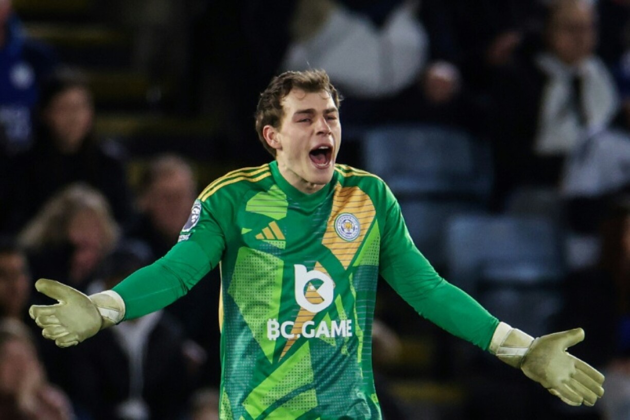Leicester goalkeeper Mads Hermansen shows his frustration
