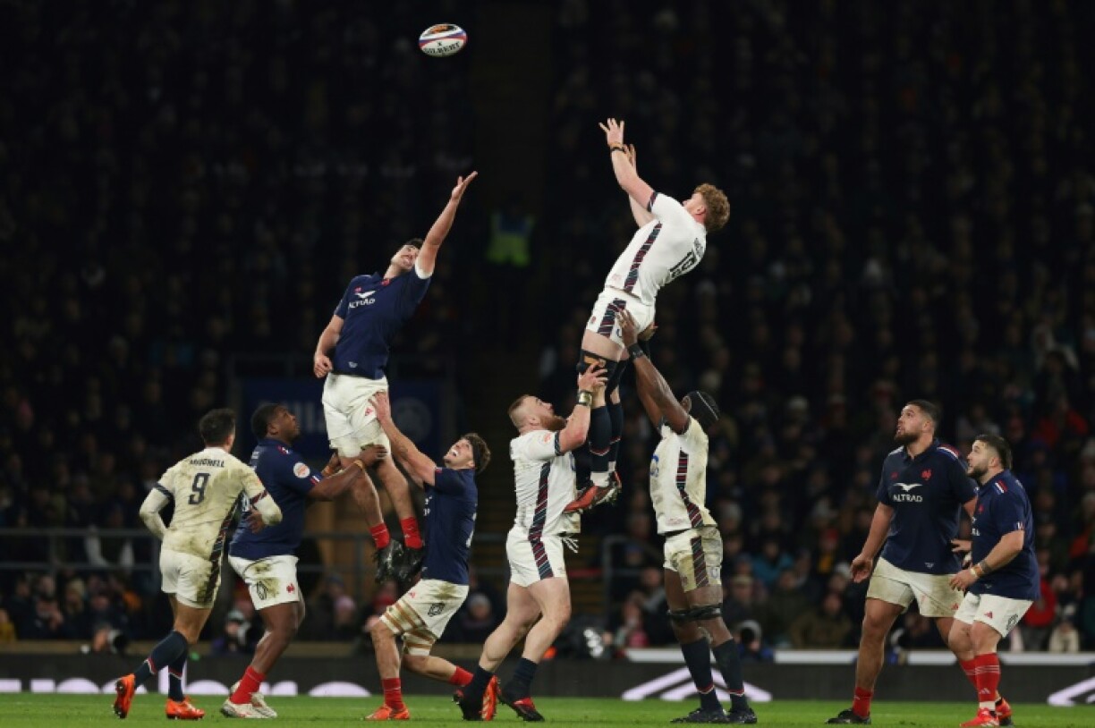 On the rise: Ollie Chessum (centre right), leaping for a lineout against France, has been promoted to the starting lineup in England's only change against Scotland