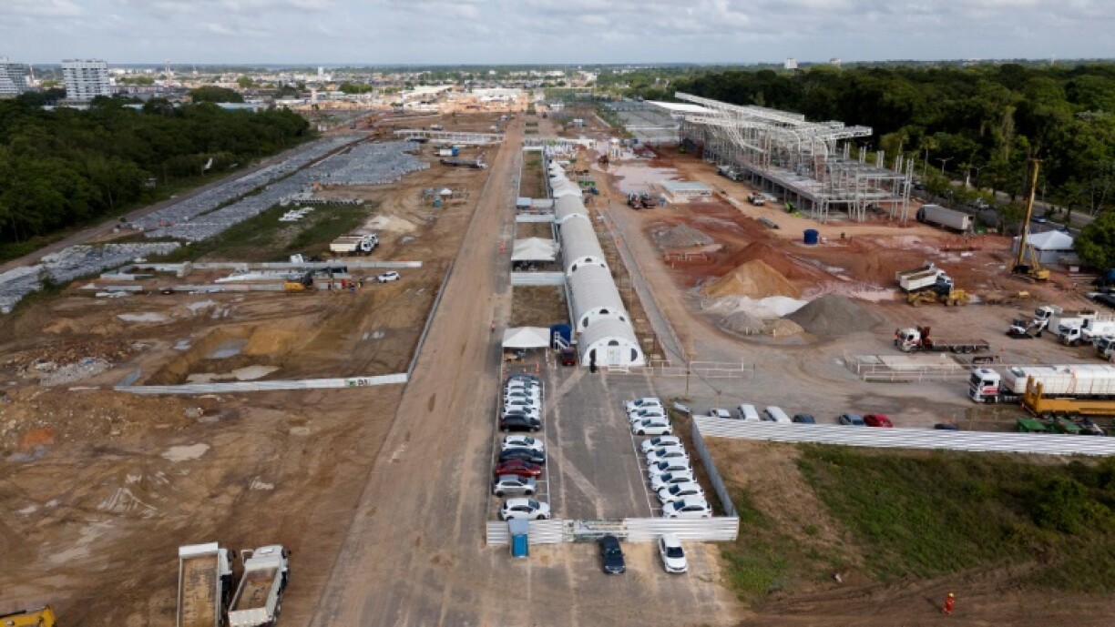 Aerial view of the construction site of the City Park, the main venue of COP30 in Belem