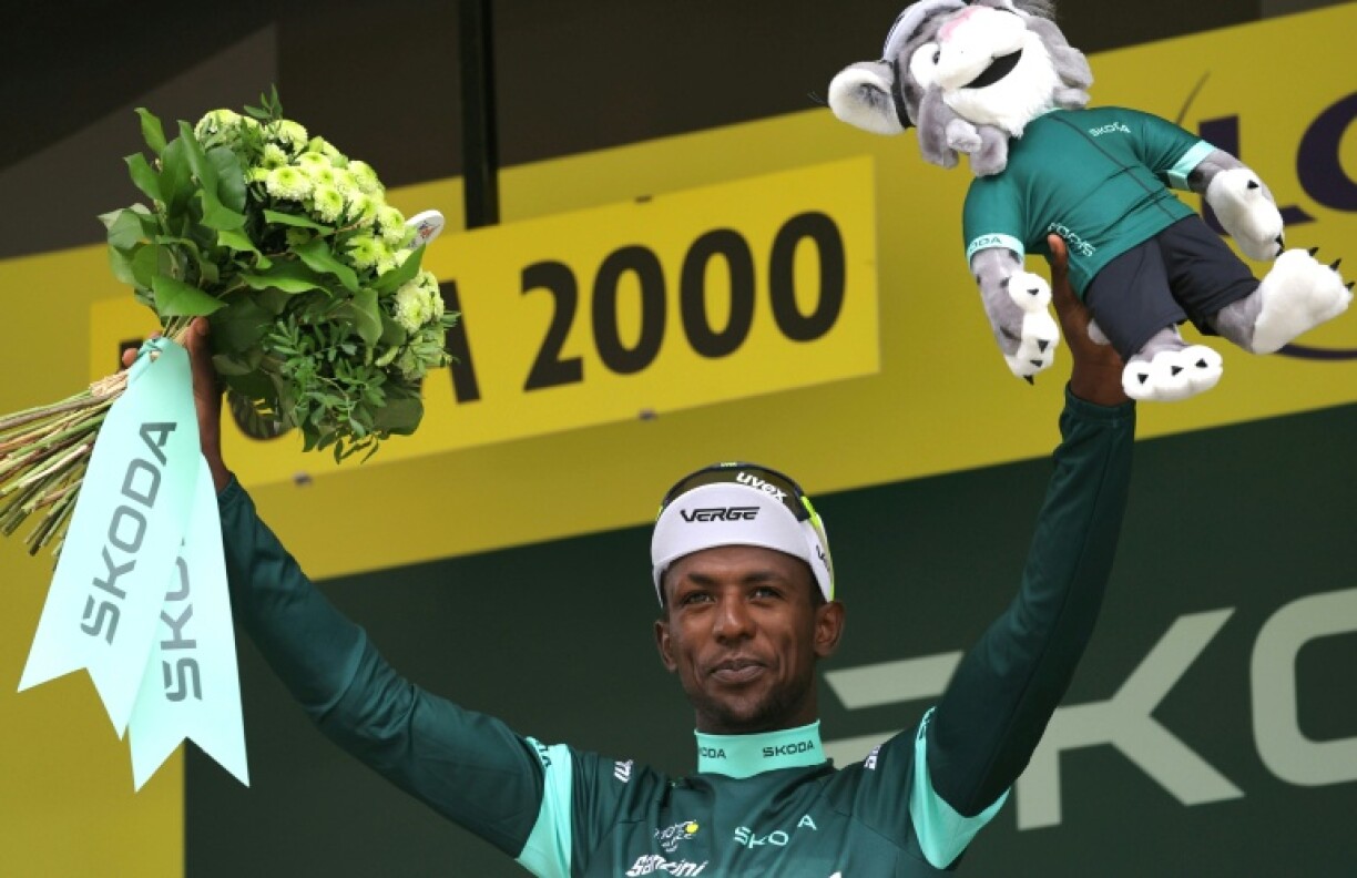 Biniam Girmay celebrates in the green sprinter's jersey at the 2024 Tour de France