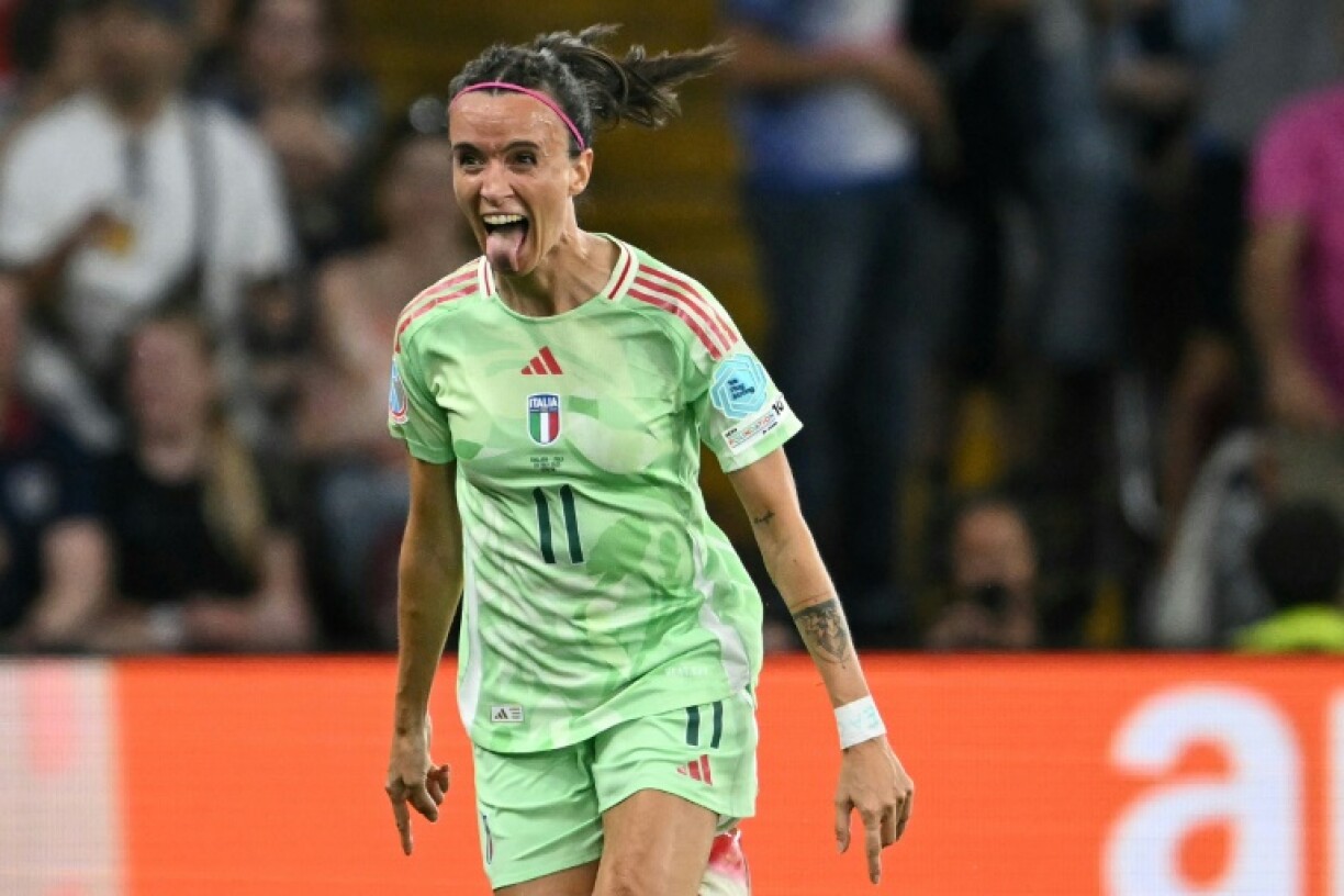 Barbara Bonansea celebrates after giving Italy the lead against England in their Women's Euro 2025 semi-final clash on Tuesday