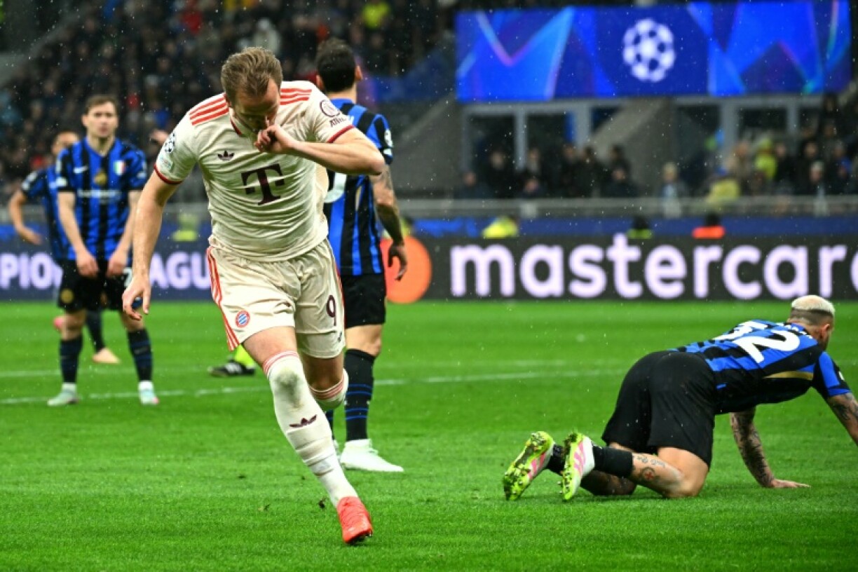 Bayern Munich forward Harry Kane celebrates after scoring against Inter Milan. Kane won his first team trophy, lifting the Bundesliga with Bayern this season