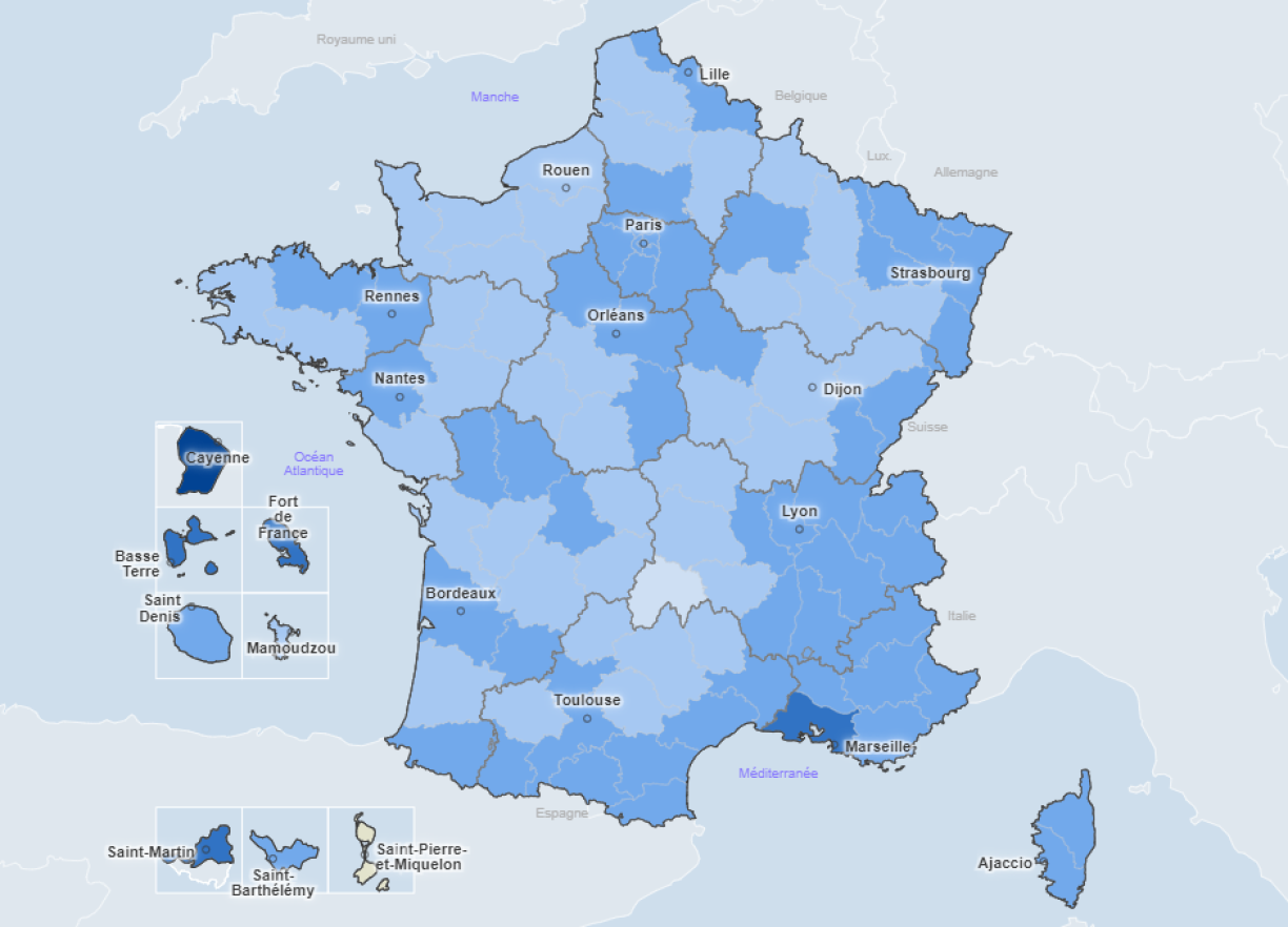 Les département du Grand-Est, comme le centre de la FRance et tout le sud-est affichent un taux d'incidence entre 50 et 150 pour 100.000.