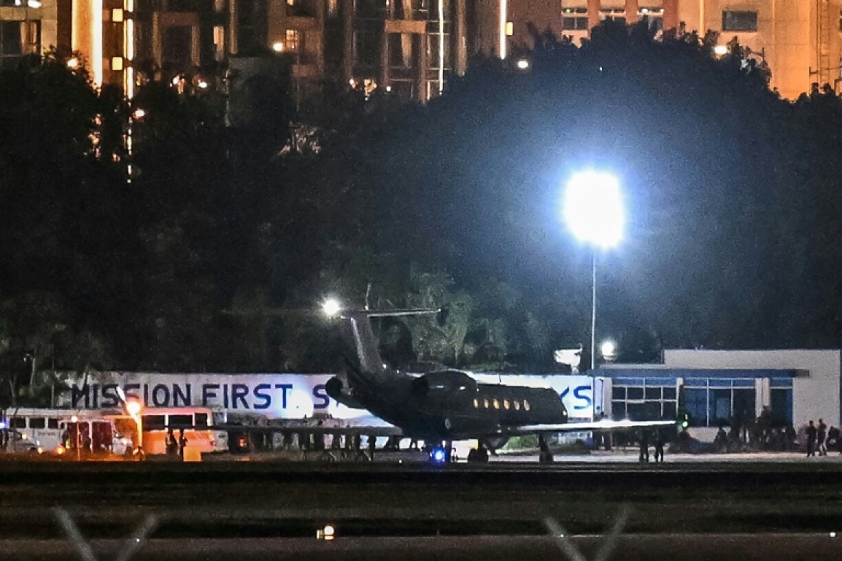 The Learjet that will carry former Philippine president Rodrigo Duterte to The Hague is parked on the runway at Villamor Air Base in Manila