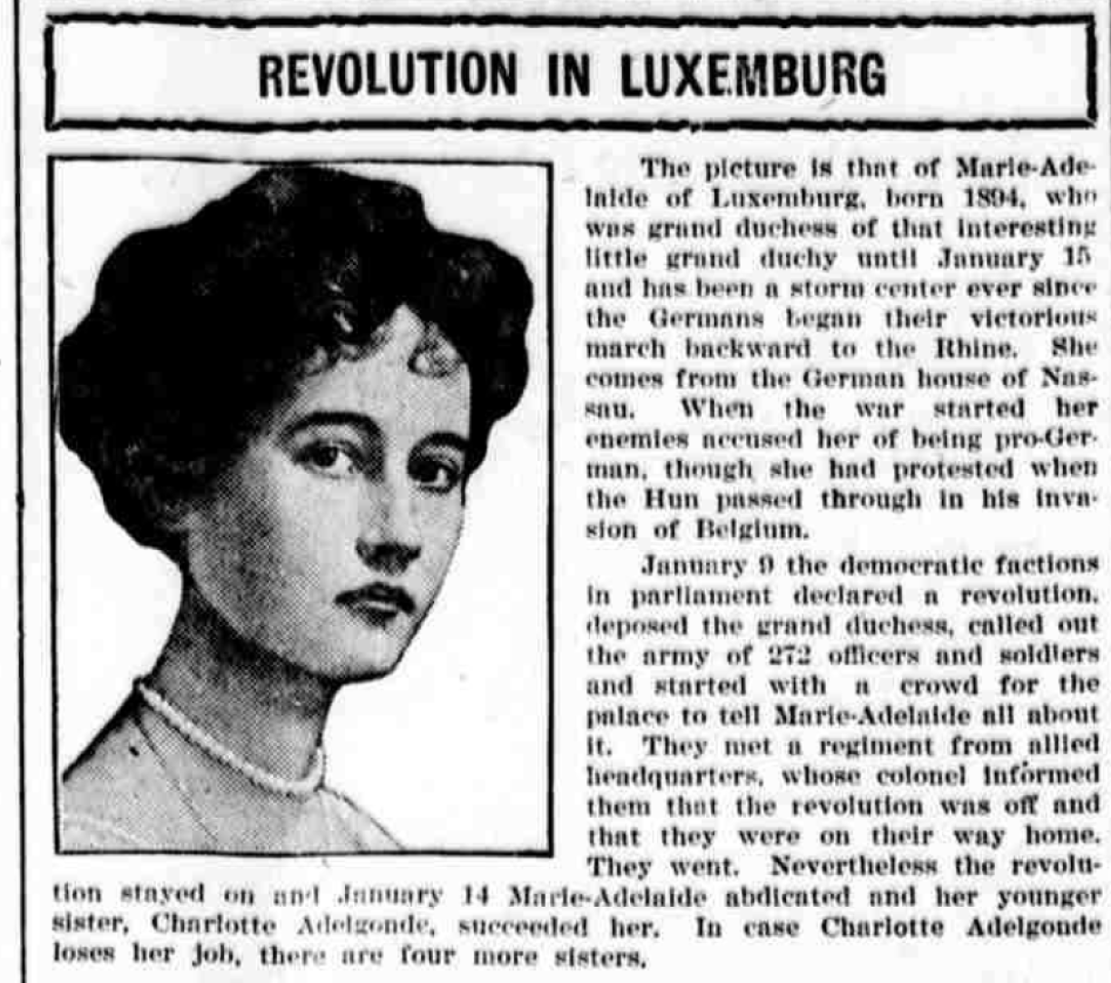 This small segment of the Chicago Eagle's 1 February 1919 edition reported on the revolution in Luxembourg after Marie-Adélaïde's tumultuous reign.