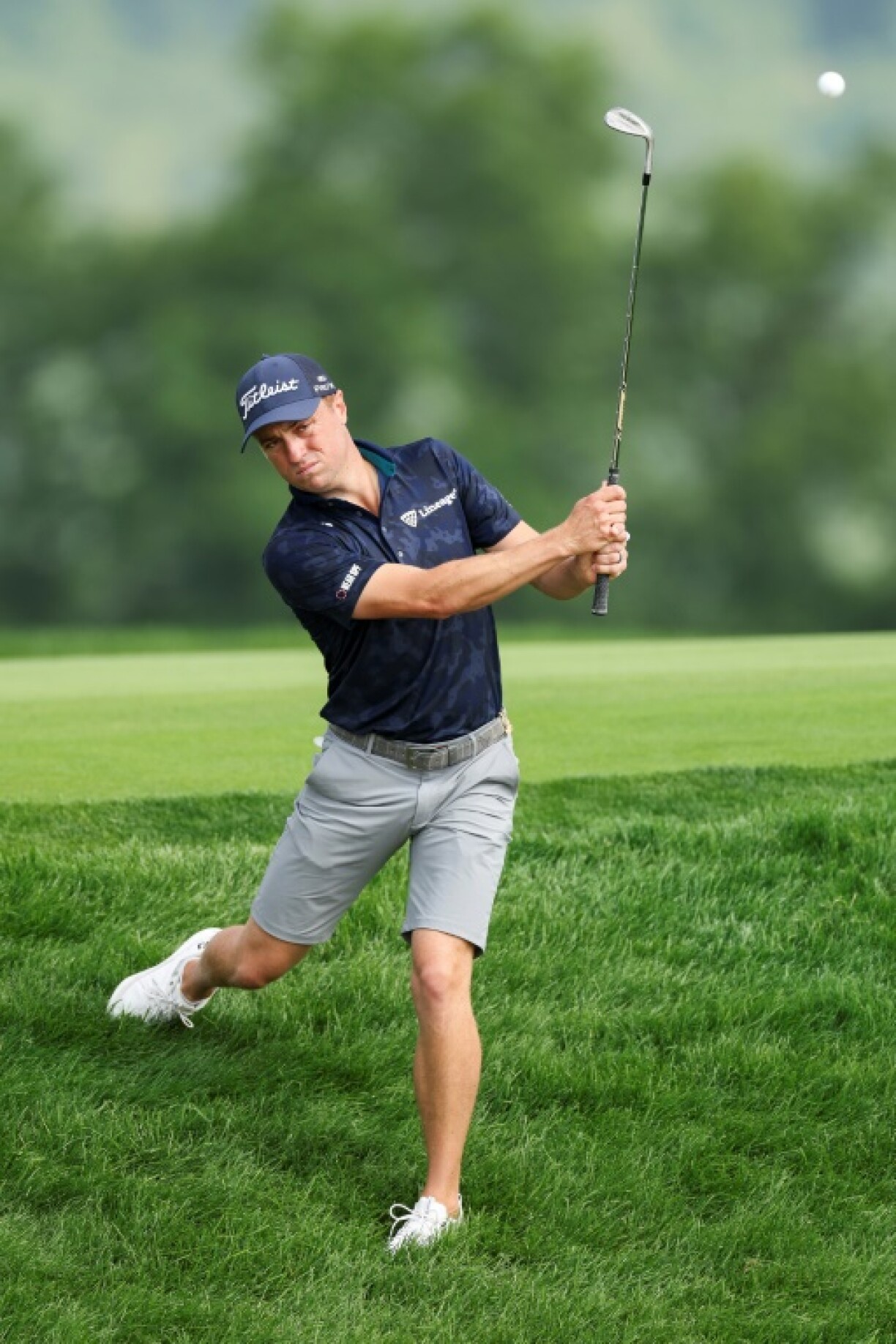 Two-time major winner Justin Thomas of the United States plays a shot on Oakmont's 17th hole during a practice round ahead of the 125th US Open